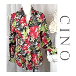Cino By Sundance 100% Cotton Floral Button Up Shirt Roll Tab Sleeve Size S